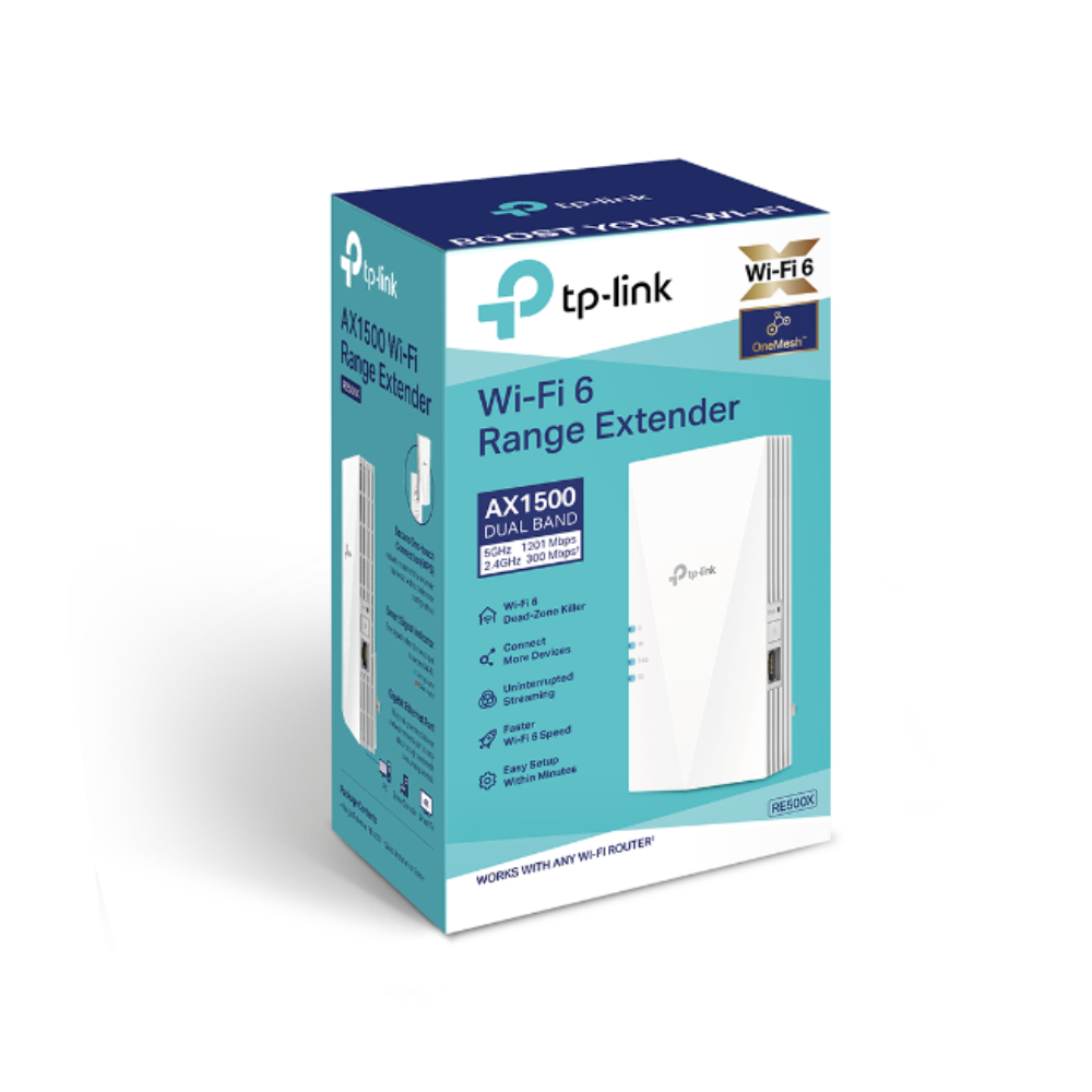 TP-Link Wi-Fi 6 range extender packaging on a white background